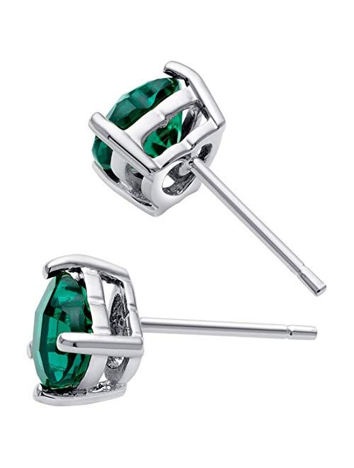 Peora Solid 14K White Gold Created Emerald Heart Stud Earrings for Women, Classic Solitaire Studs, 6mm, 1.50 Carats total, Friction Back