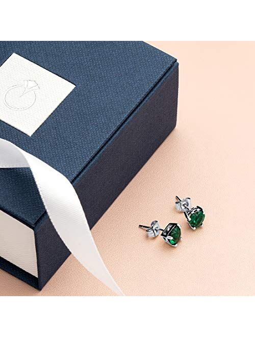 Peora Solid 14K White Gold Created Emerald Heart Stud Earrings for Women, Classic Solitaire Studs, 6mm, 1.50 Carats total, Friction Back