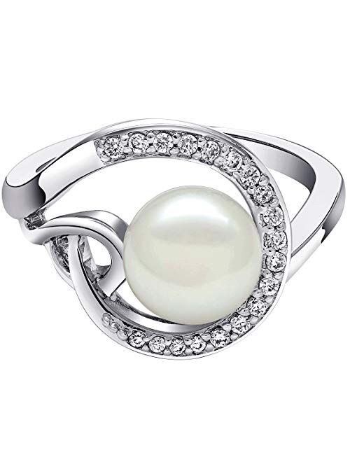 Peora Freshwater Cultured White Pearl Halo Knot Ring in Sterling Silver, 8.5mm Round Button Shape, Comfort Fit, Sizes 5 to 9