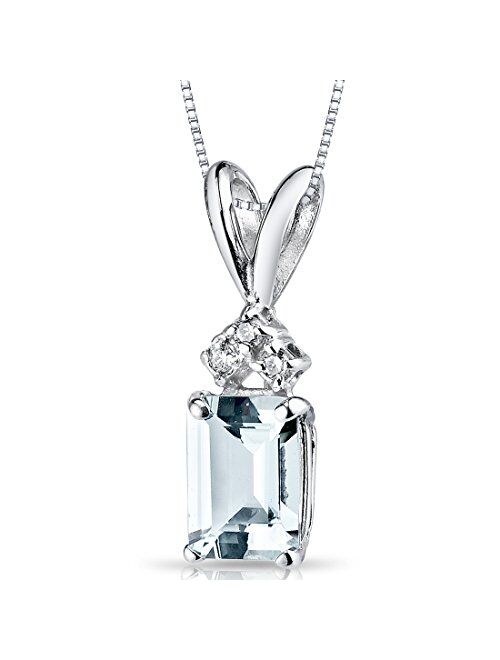 Peora Solid 14K White Gold Aquamarine with Diamond Pendant for Women, Genuine Gemstone Birthstone Solitaire, Radiant Cut, 7x5mm