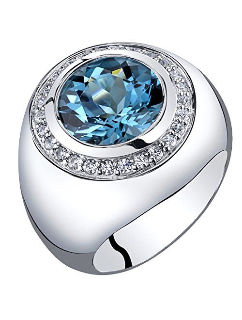 Peora Men's Genuine London Blue Topaz Signet Ring 925 Sterling Silver, Large 5.50 Carats Round Shape 11mm, Sizes 8 to 13