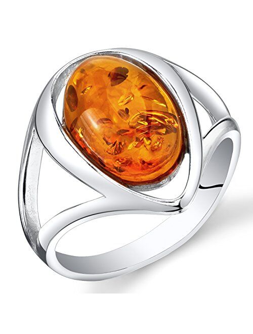 Peora Genuine Baltic Amber Ring for Women in Sterling Silver, Rich Cognac Color, Oval Shape Solitaire, Comfort Fit, Sizes 5 to 9