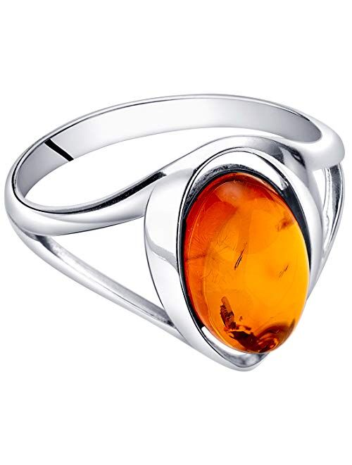 Peora Genuine Baltic Amber Ring for Women in Sterling Silver, Rich Cognac Color, Oval Shape Solitaire, Comfort Fit, Sizes 5 to 9