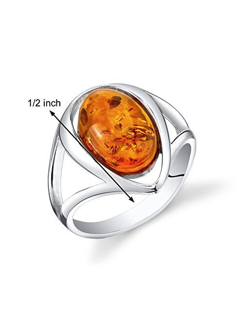 Peora Genuine Baltic Amber Ring for Women in Sterling Silver, Rich Cognac Color, Oval Shape Solitaire, Comfort Fit, Sizes 5 to 9