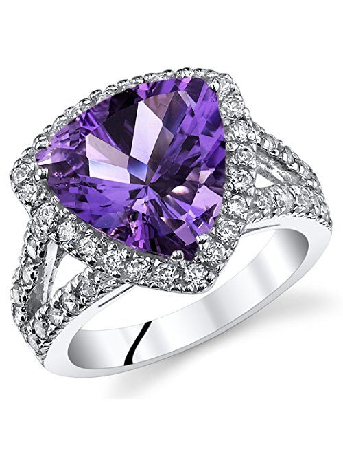 Peora Amethyst Signature Statement Ring for Women 925 Sterling Silver, Natural Gemstone Birthstone, 3.75 Carats Trillion Cut 11mm, Sizes 5 to 9