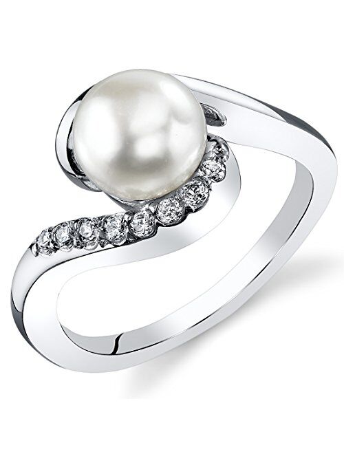 Peora Freshwater Cultured White Pearl Bypass Ring in Sterling Silver, 7mm Round Button Shape, Comfort Fit, Sizes 5 to 9