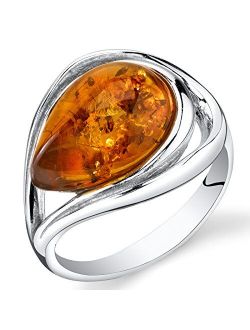 Genuine Baltic Amber Teardrop Statement Ring for Women in Sterling Silver, Rich Cognac Color, Open Halo Swirl Design, Comfort Fit, Sizes 5 to 9