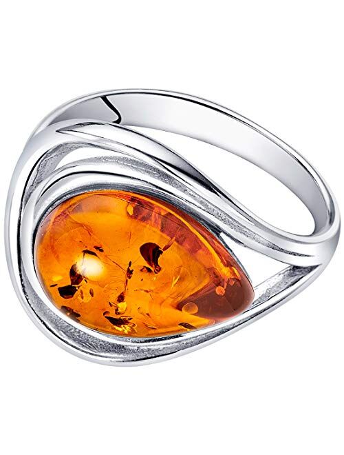 Peora Genuine Baltic Amber Teardrop Statement Ring for Women in Sterling Silver, Rich Cognac Color, Open Halo Swirl Design, Comfort Fit, Sizes 5 to 9