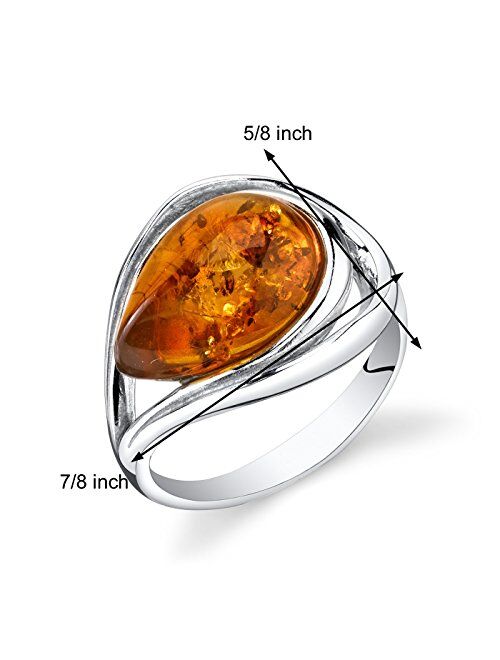 Peora Genuine Baltic Amber Teardrop Statement Ring for Women in Sterling Silver, Rich Cognac Color, Open Halo Swirl Design, Comfort Fit, Sizes 5 to 9