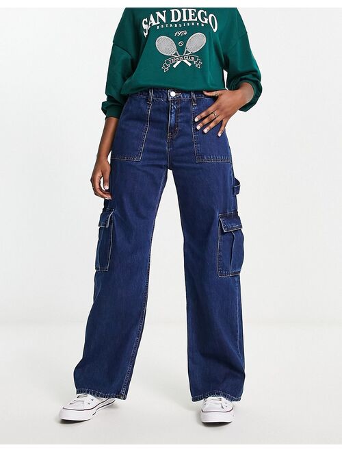 Monki wide leg cargo jeans in blue