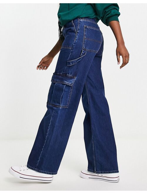 Monki wide leg cargo jeans in blue