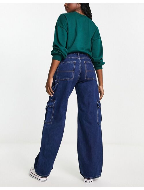 Monki wide leg cargo jeans in blue