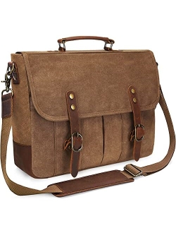 Soaeon Mens Messenger Bag 15.6 Inch Waterproof Vintage Genuine Leather Waxed Canvas Briefcase Retro Office Computer Laptop Bag Large School Satchel Shoulder Bag for Men W