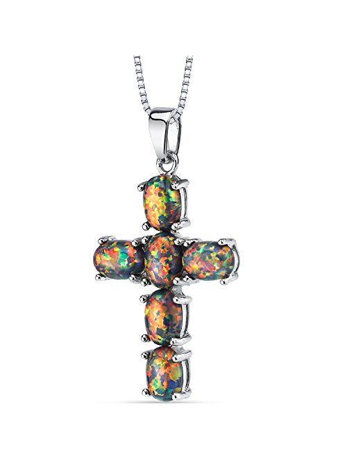 Peora Created Black Fire Opal Cross Pendant Necklace for Women 925 Sterling Silver, 3 Carats total Oval Shape, with 18 inch Chain