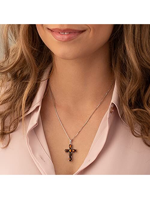 Peora Created Black Fire Opal Cross Pendant Necklace for Women 925 Sterling Silver, 3 Carats total Oval Shape, with 18 inch Chain