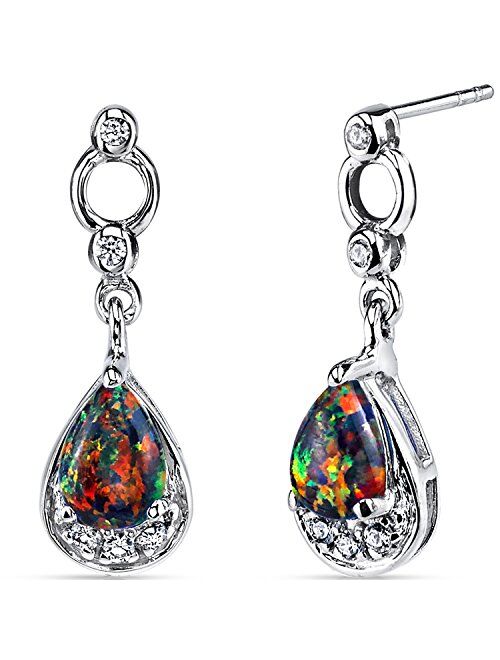 Peora Created Black Fire Opal Earrings in Sterling Silver, Open Halo Dangle, Teardrop Pear Shape, 8x5mm, 0.75 Carat total, Friction Back