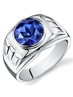 Men's Created Blue Sapphire Signet Ring 925 Sterling Silver, 5.50 Carats Round Shape 10mm, Sizes 8 to 10