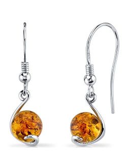 Genuine Baltic Amber Dangle Earrings for Women 925 Sterling Silver, Round Spherical Shape, Rich Cognac Color, Fishhooks