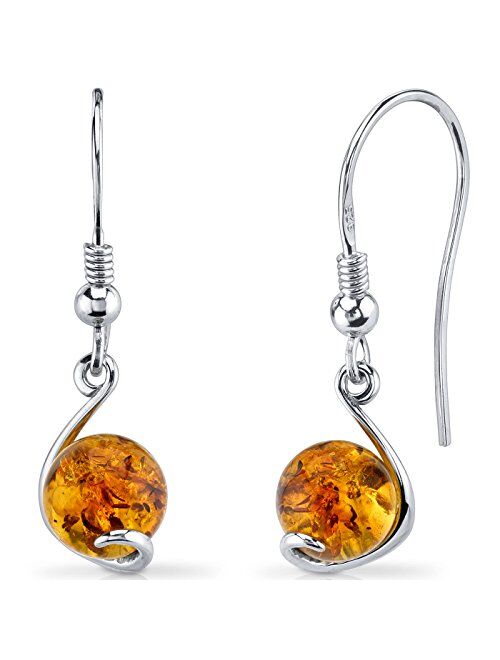 Peora Genuine Baltic Amber Dangle Earrings for Women 925 Sterling Silver, Round Spherical Shape, Rich Cognac Color, Fishhooks