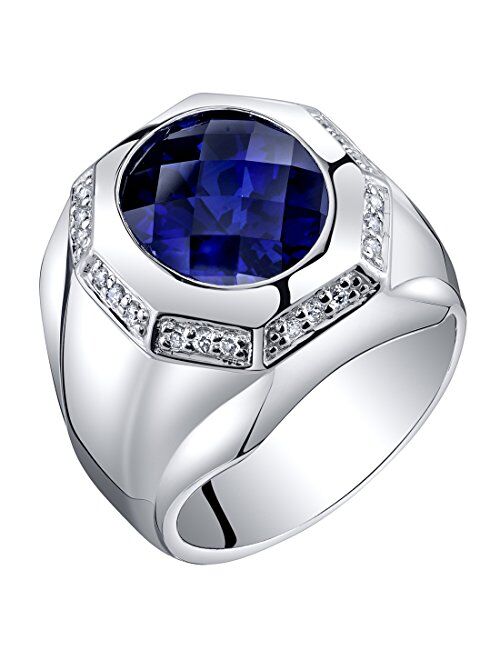 Peora Men's Created Blue Sapphire Signet Ring 925 Sterling Silver, Large 6 Carats Oval Shape 12x10mm, Sizes 8 to 13