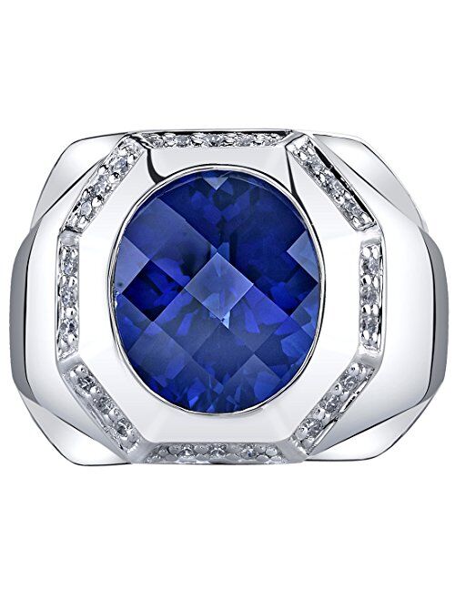 Peora Men's Created Blue Sapphire Signet Ring 925 Sterling Silver, Large 6 Carats Oval Shape 12x10mm, Sizes 8 to 13