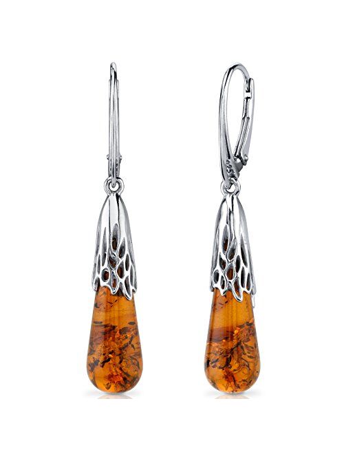 Peora Genuine Baltic Amber Intricate Drop Pendant Necklace and Earrings for Women in Sterling Silver, Rich Cognac Color