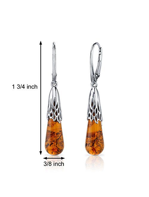 Peora Genuine Baltic Amber Intricate Drop Pendant Necklace and Earrings for Women in Sterling Silver, Rich Cognac Color