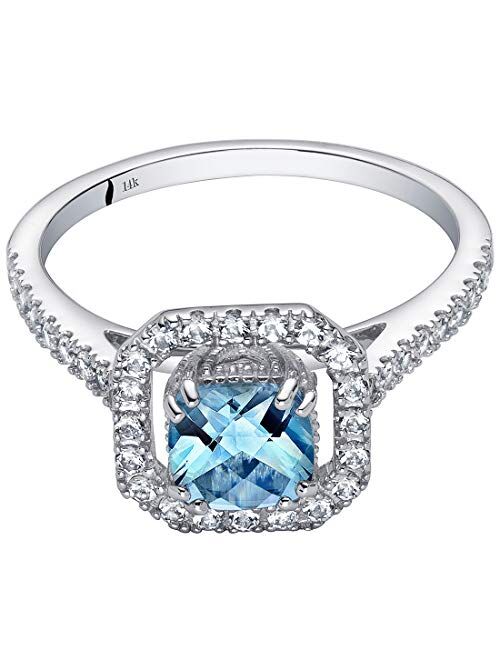 Peora Aquamarine Ring for Women 14K White Gold with White Topaz, Genuine Gemstone Birthstone, 1.13 Carats total, 6mm Cushion Cut, Halo Design, Sizes 5 to 9