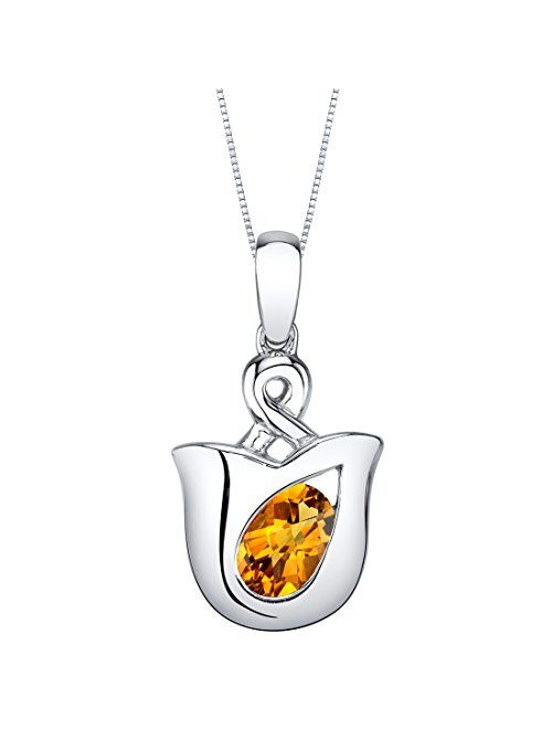 Peora Sterling Silver Tulip Solitaire Pendant Necklace in Various Gemstones, Oval 7x5mm, with 18 inch Italian Chain