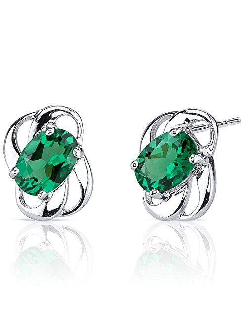 Peora Simulated Emerald Stud Earrings for Women 925 Sterling Silver, 1.50 Carats total Oval Shape 7x5mm, Friction Backs