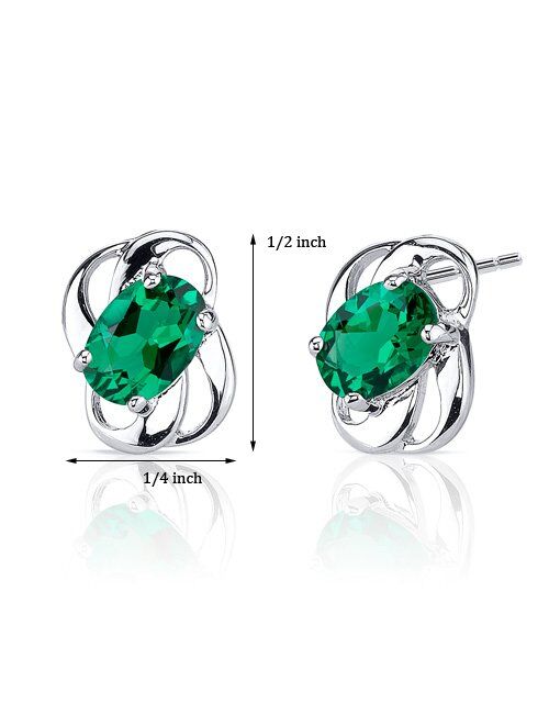 Peora Simulated Emerald Stud Earrings for Women 925 Sterling Silver, 1.50 Carats total Oval Shape 7x5mm, Friction Backs