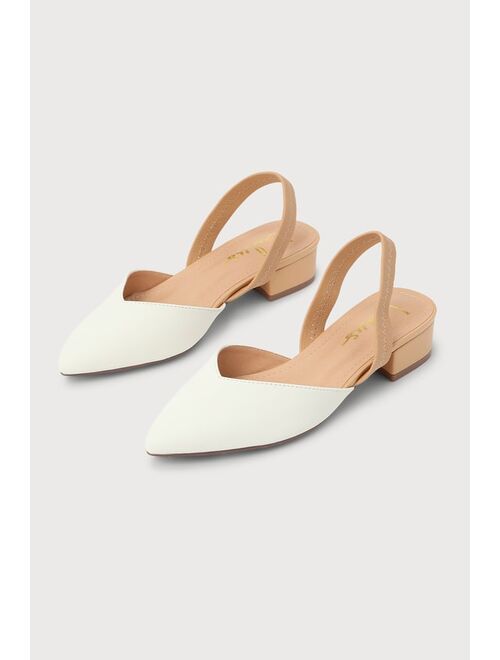 Lulus Mae White and Light Nude Pointed-Toe Slingback Heels