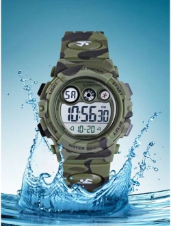 Skmei-SKM 1pc Boys Camo TPU Strap Sporty Calendars Water Resistant Alarm Date LED Display Letter Graphic Round Dial Digital Watch, For Daily Decoration