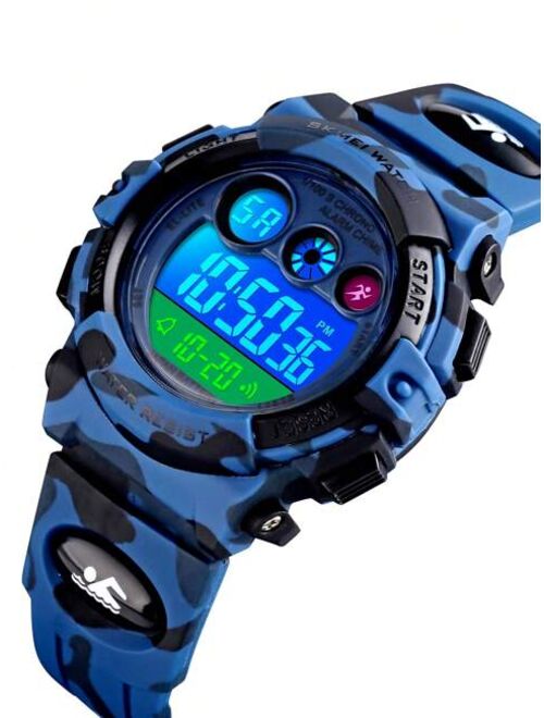 Skmei-SKM 1pc Boys Camo TPU Strap Sporty Calendars Water Resistant Alarm Date LED Display Letter Graphic Round Dial Digital Watch, For Daily Decoration