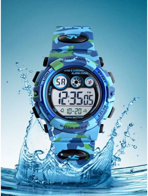 Skmei-SKM 1pc Boys Camo TPU Strap Sporty Calendars Water Resistant Alarm Date LED Display Letter Graphic Round Dial Digital Watch, For Daily Decoration