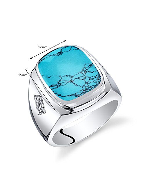 Peora Men's Simulated Turquoise Knight Signet Ring 925 Sterling Silver, Large 15x12mm Cushion Cut, Sizes 8 to 13