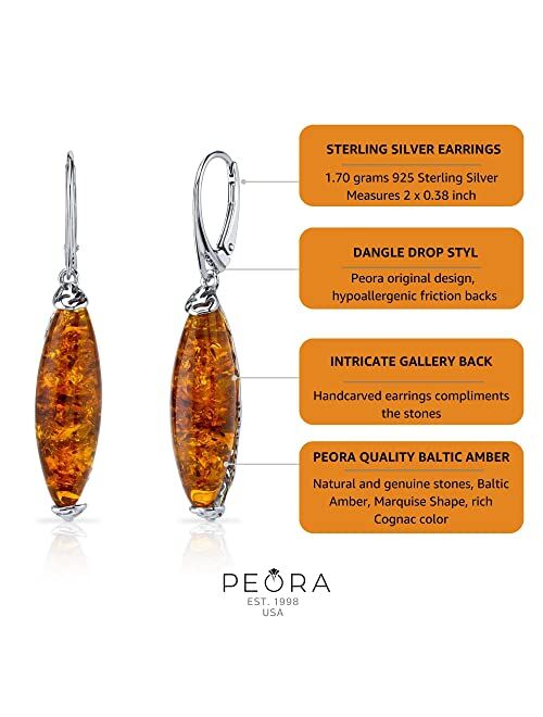 Peora Genuine Baltic Amber Designer Pendant Necklace and Earrings in Sterling Silver, Rich Cognac Color