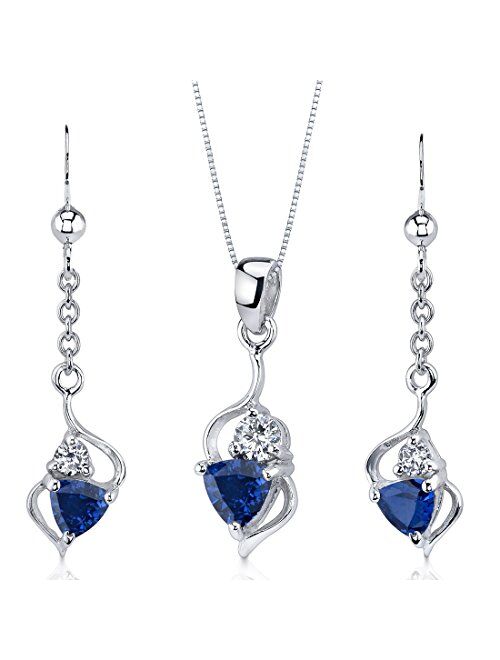 Peora Created Blue Sapphire Earrings Pendant Necklace Set 925 Sterling Silver, 2.25 Carats Total Trillion Cut with 18 inch Chain