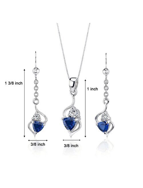 Peora Created Blue Sapphire Earrings Pendant Necklace Set 925 Sterling Silver, 2.25 Carats Total Trillion Cut with 18 inch Chain