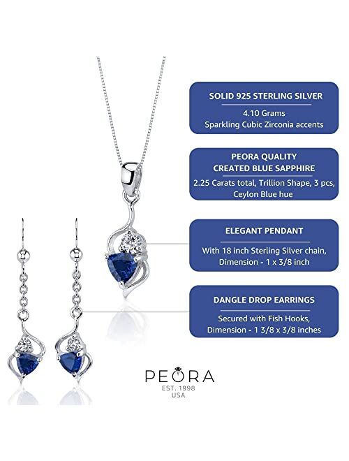 Peora Created Blue Sapphire Earrings Pendant Necklace Set 925 Sterling Silver, 2.25 Carats Total Trillion Cut with 18 inch Chain