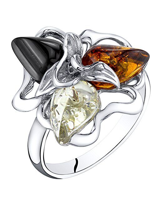 Peora Genuine Baltic Amber Star Leaf Ring for Women 925 Sterling Silver, Multiple Colors, Sizes 5 to 9