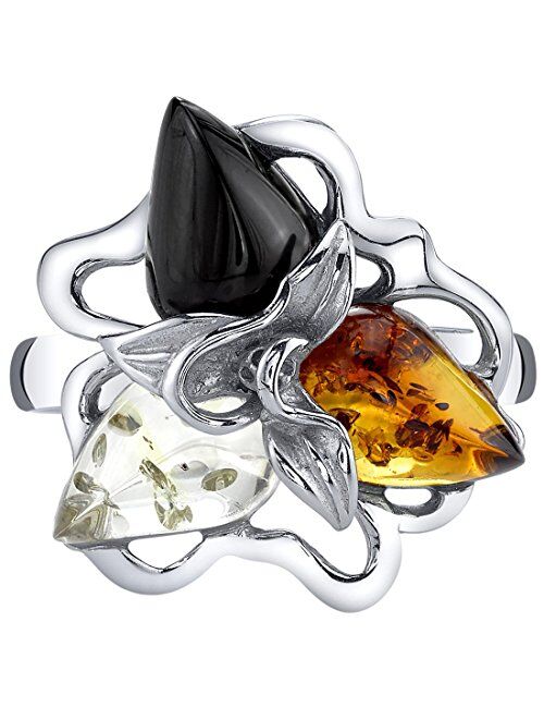 Peora Genuine Baltic Amber Star Leaf Ring for Women 925 Sterling Silver, Multiple Colors, Sizes 5 to 9