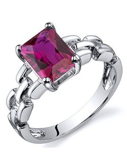 Created Ruby Ring in Sterling Silver, Designer Link Chain Band, Solitaire Radiant Cut, 8x6mm, 2 Carats, Comfort Fit, Sizes 5 to 9