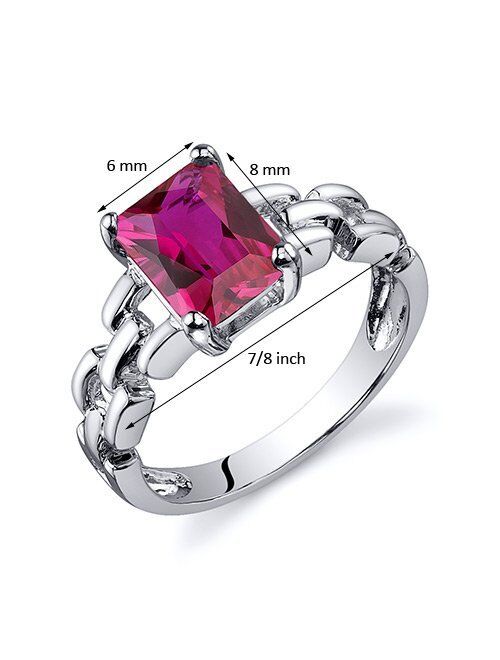 Peora Created Ruby Ring in Sterling Silver, Designer Link Chain Band, Solitaire Radiant Cut, 8x6mm, 2 Carats, Comfort Fit, Sizes 5 to 9