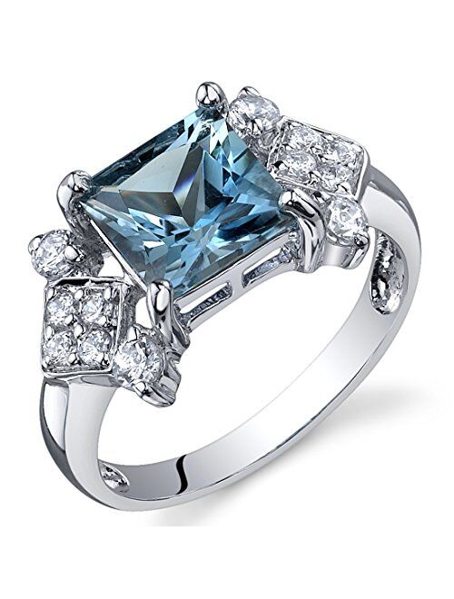 Peora London Blue Topaz Princess Cut Ring Sterling Silver Rhodium Nickel Finish 2.00 Carats Sizes 5 to 9