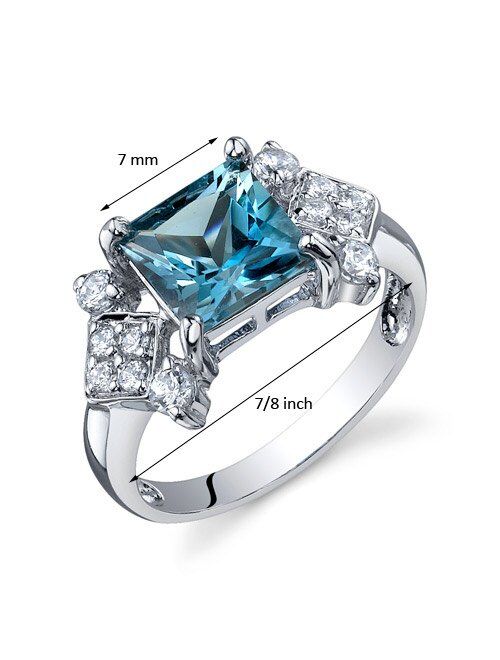 Peora London Blue Topaz Princess Cut Ring Sterling Silver Rhodium Nickel Finish 2.00 Carats Sizes 5 to 9