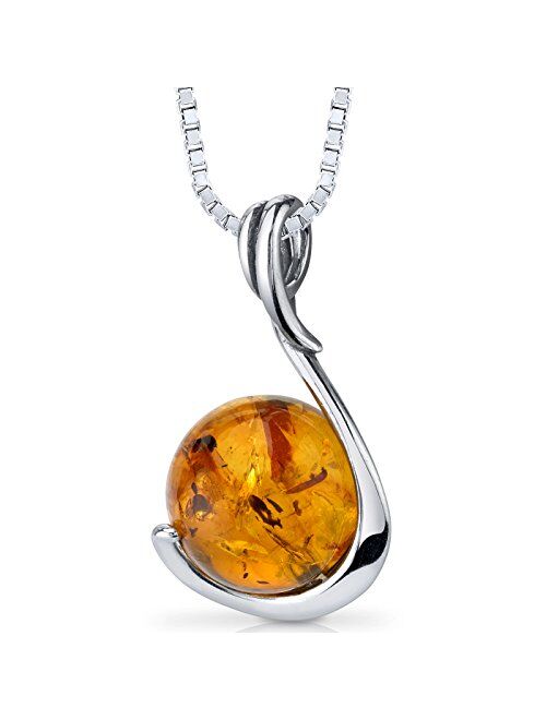 Peora Genuine Baltic Amber Pendant Necklace for Women 925 Sterling Silver, Rich Cognac Color Solitaire Ball with 18 inch Chain