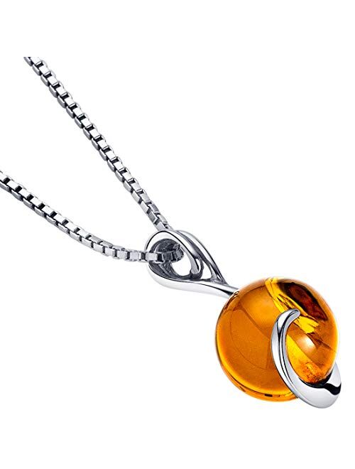 Peora Genuine Baltic Amber Pendant Necklace for Women 925 Sterling Silver, Rich Cognac Color Solitaire Ball with 18 inch Chain