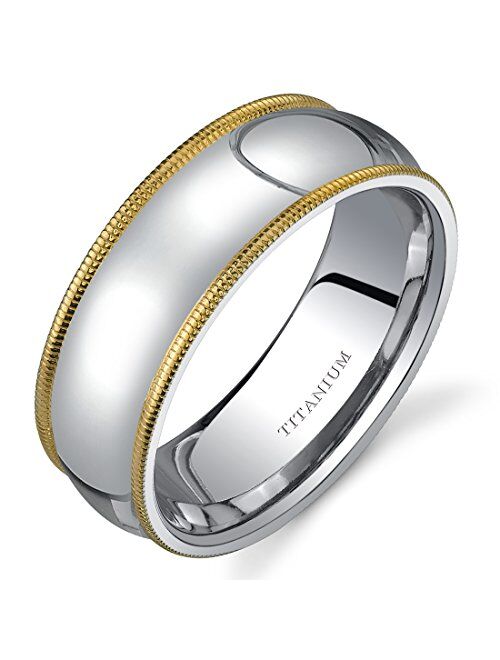 Peora Classic Two-Tone 8mm Men's Genuine Titanium Wedding Ring Band, Milgrain Edge, Comfort Fit, Sizes 8 to 13