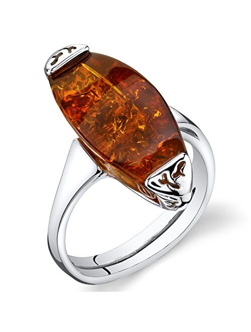 Peora Genuine Baltic Amber Gallery Ring for Women 925 Sterling Silver, Large Statement Stone, Rich Cognac Color Sizes 5 to 9